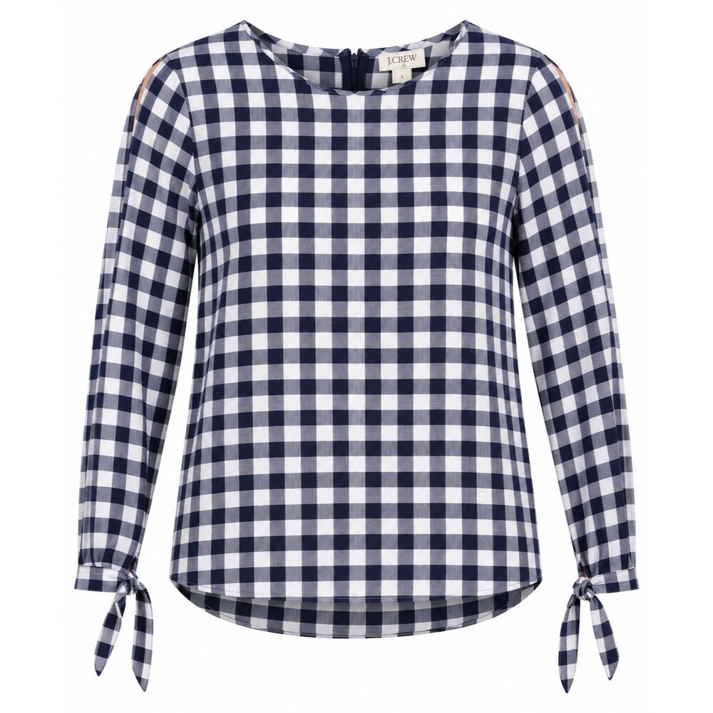 J.Crew Navy Gingham Blouse Womens Small Tie Sleeve Cutout Lightweight Top
